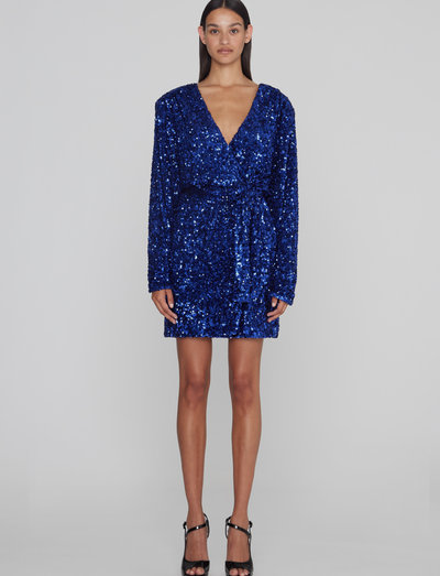 ROTATE Birger Christensen Sequin Wide Shoulder Wrap Dress Lyhyet