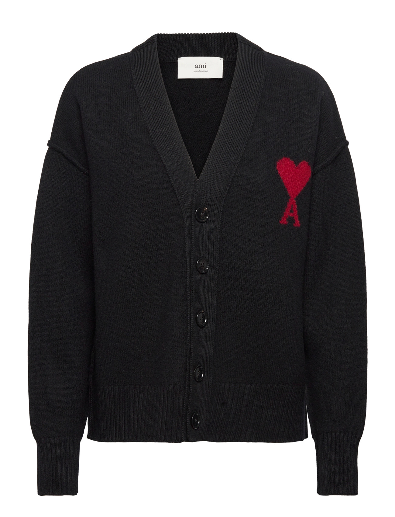 AMI Cardigan With Contrasted Ami De Coeur, L, Black, Strik > Cardigans, Dame