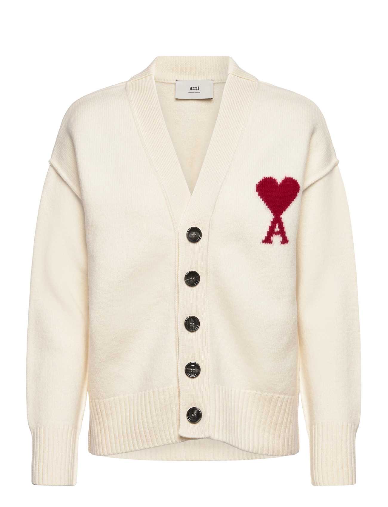AMI Cardigan With Contrasted Ami De Coeur, S, Cream, Strik > Cardigans, Dame