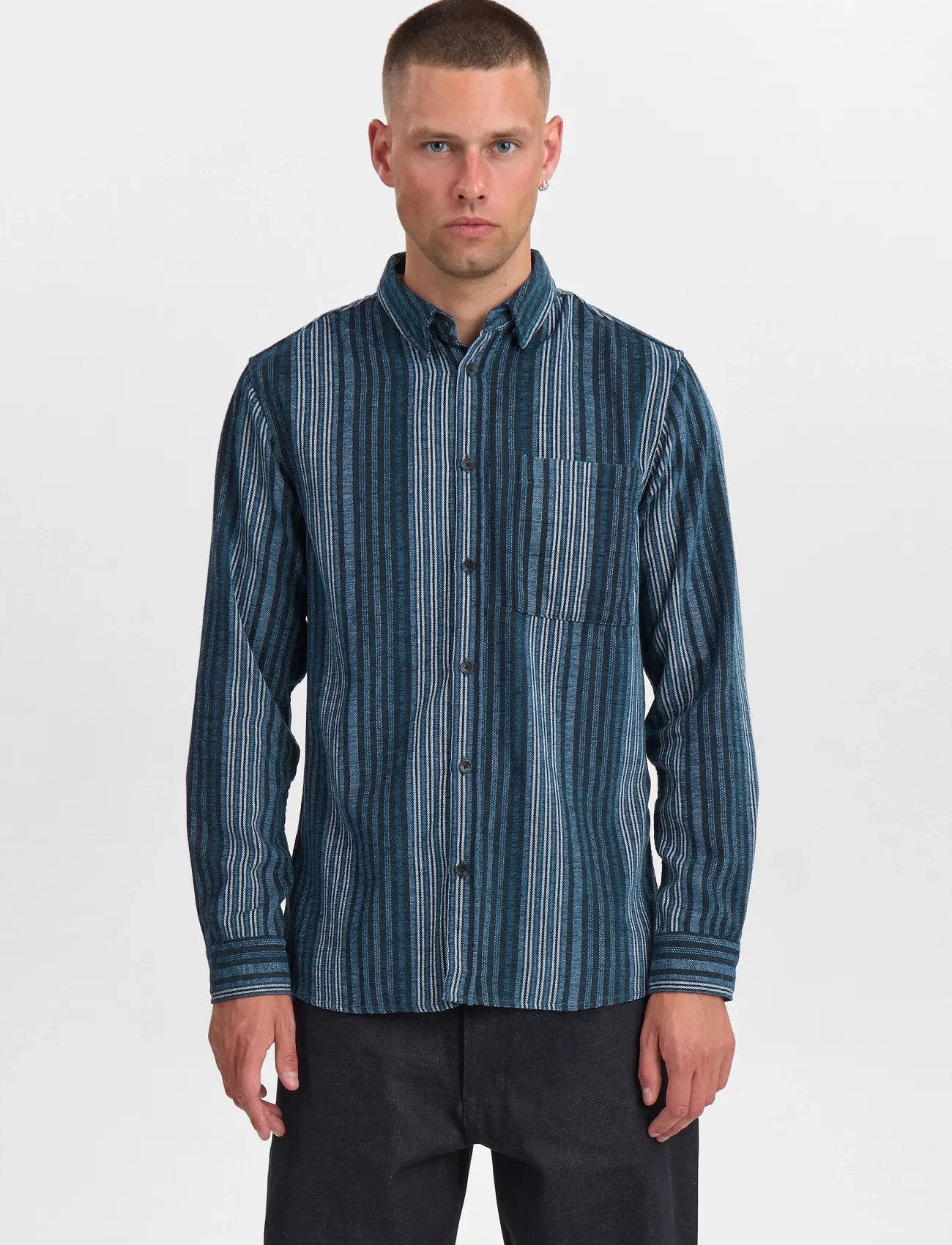 Anerkjendt Akleif Brushed Stripe, M, Navy, Shirts > Striped Shirts, Herre