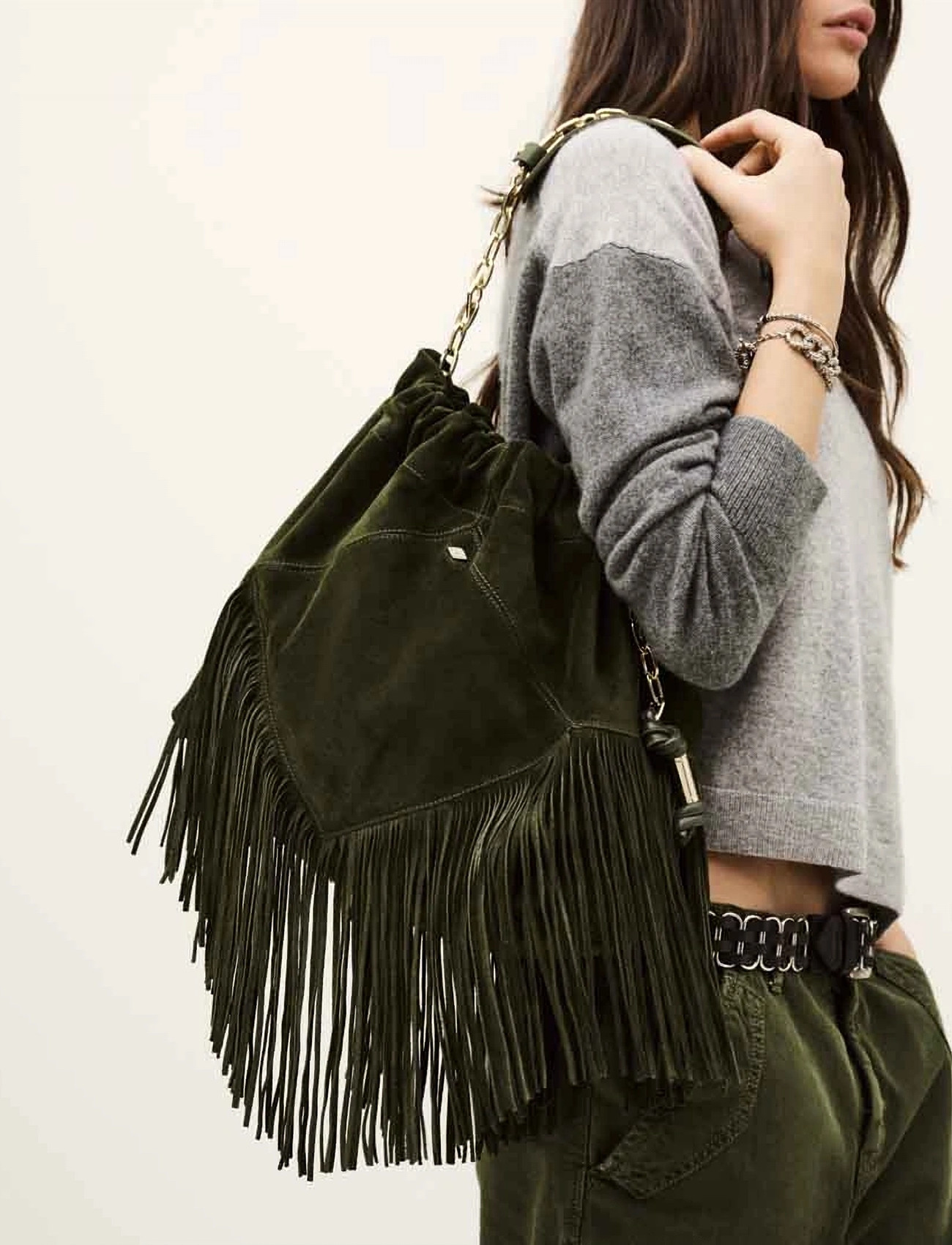 ba&sh Sac M Suede June Tote Franges, One Size, Khaki green, Designere > Små Skuldertasker-Crossbody-Tasker, Dame