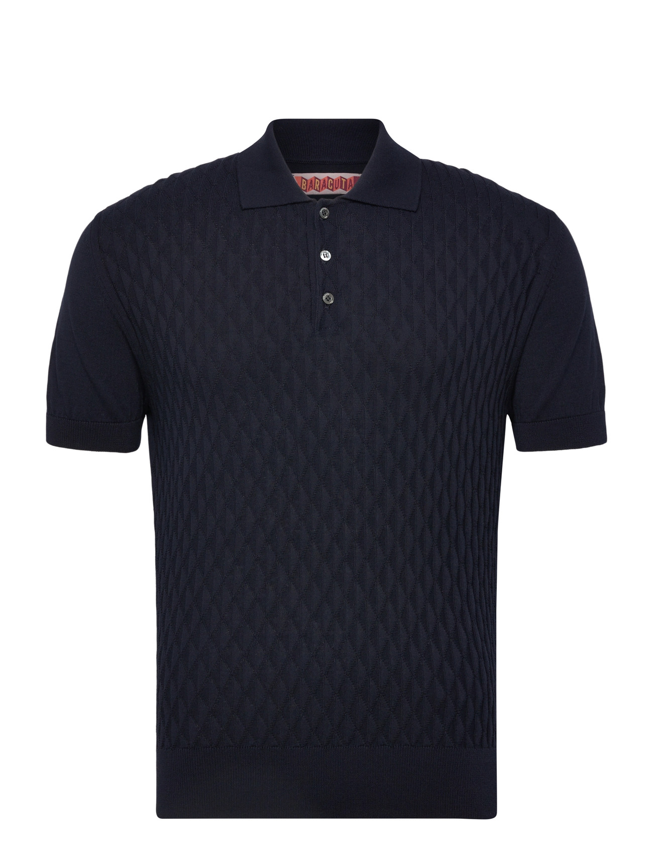 Baracuta Pattern Stitch Ss Polo, L, Navy, Strik > Kortærmede Strikkede Poloer, Herre