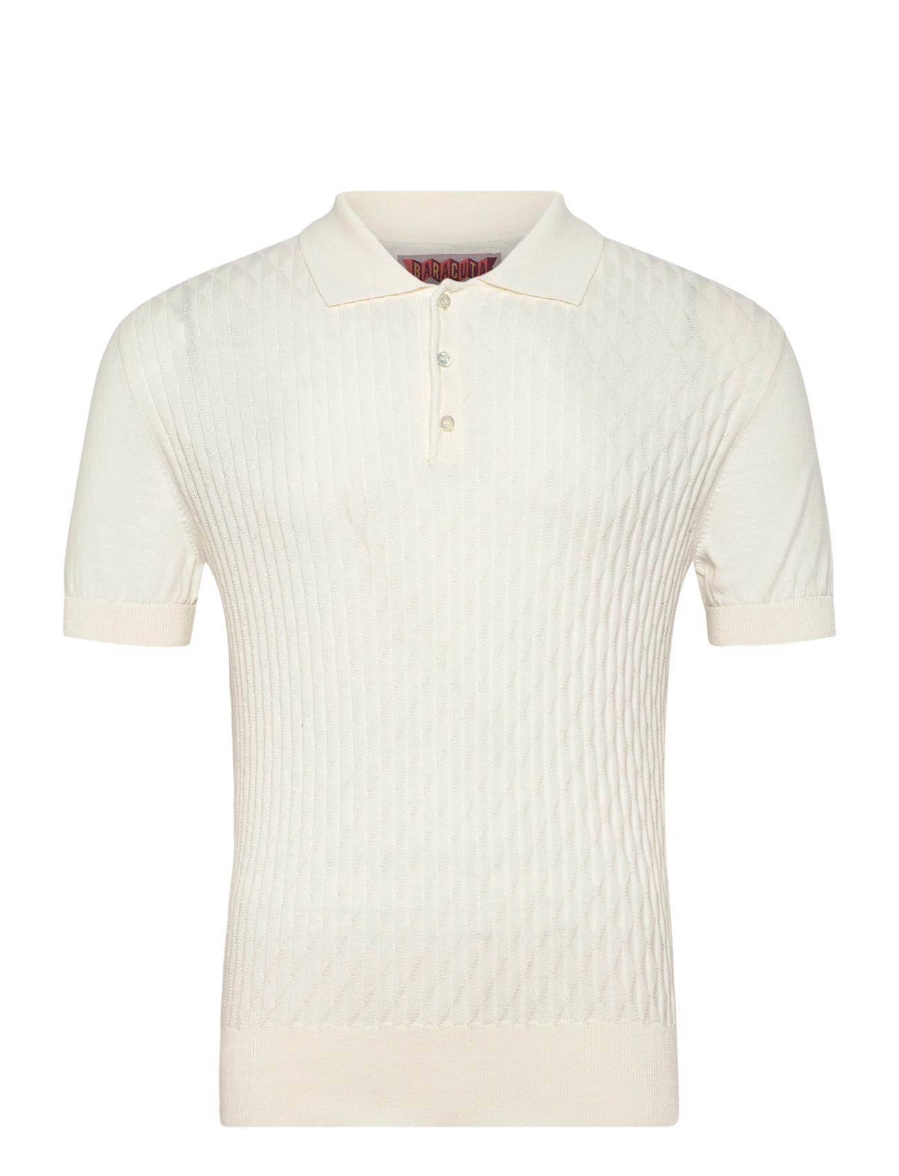 Baracuta Pattern Stitch Ss Polo, S, Cream, Strik > Kortærmede Strikkede Poloer, Herre