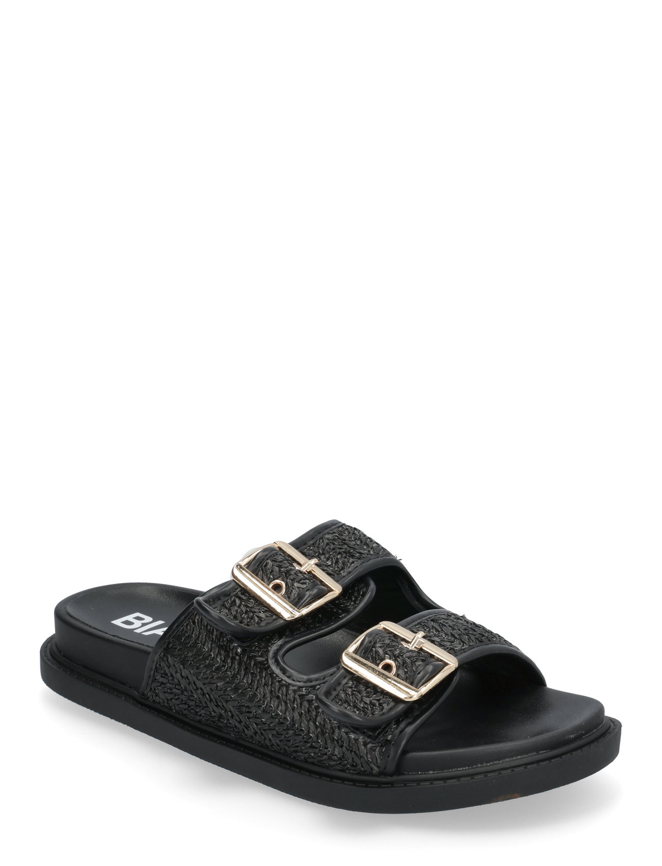 Biaoslo Buckle Slide Raffia Shoes Sandals Flat Sandals Black Bianco