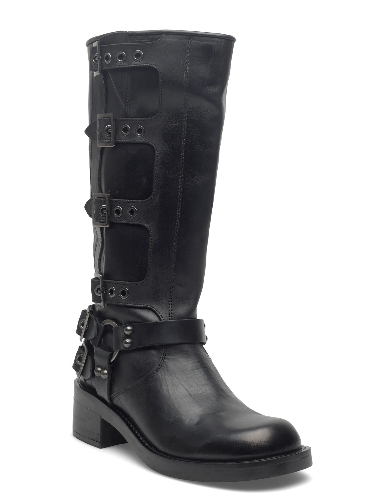Bianco Biaharper Buckle Biker Boot Pull Up Leather, 36, Black, Tall Boots > Knee High Boots, Dame
