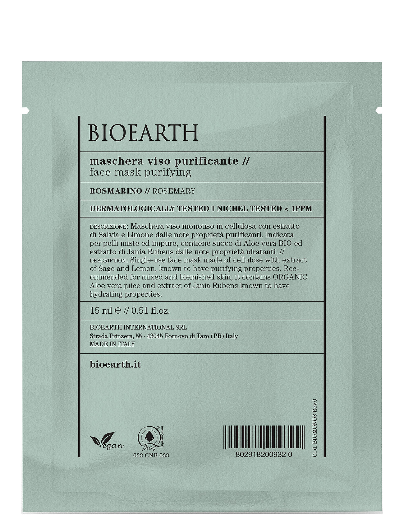 Bioearth Face Sheet Mask Purifying - Rosemary Beauty Women Skin Care Face Masks Sheetmask Nude Bioearth