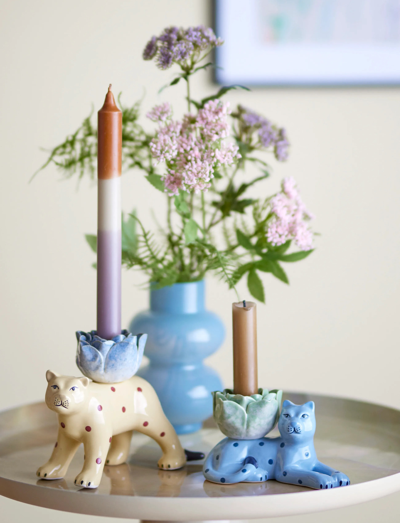 Bloomingville Rory Candle Holder, Multi, Stoneware, One Size, Multi/patterned, Lysestager & Lanterner > Lysestager, Unisex