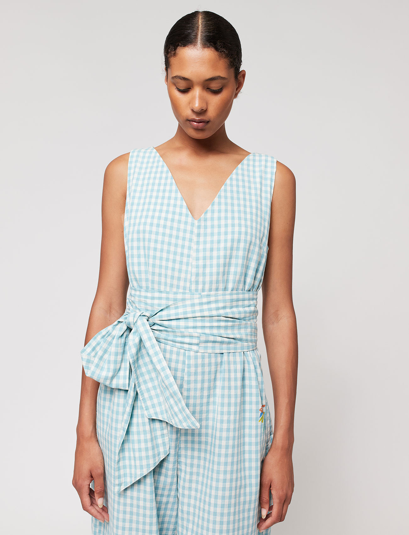 Vichy V-neck sleeveless overall TURQUOISE