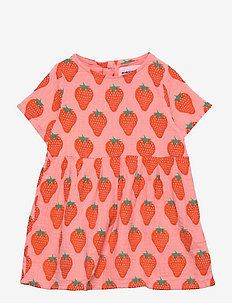 Strawberry all over woven dress - short-sleeved casual dresses - pink