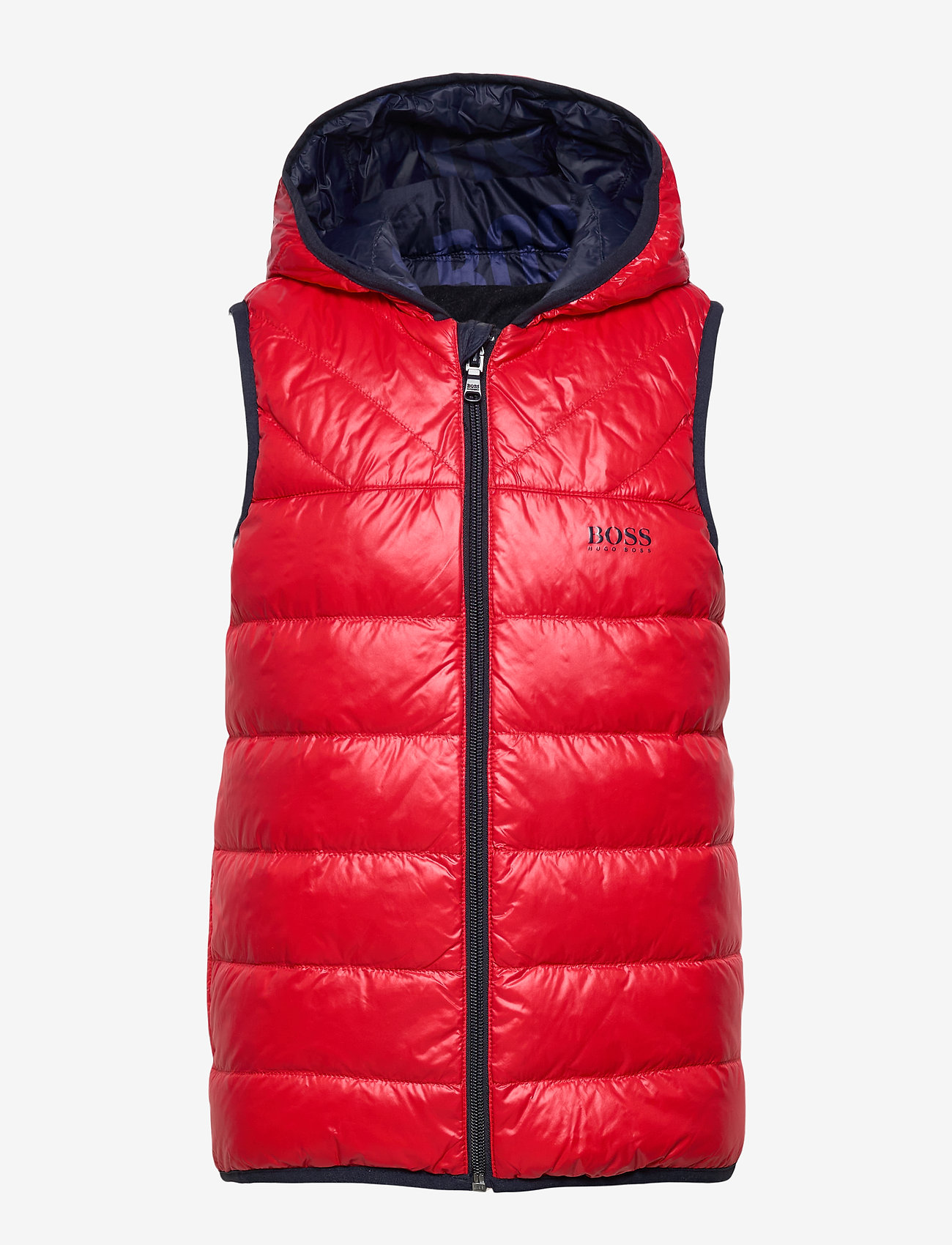 red puffer jacket vest