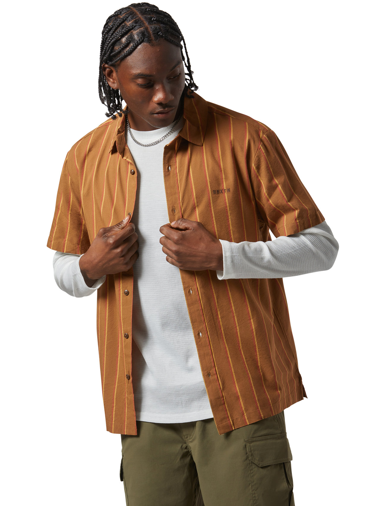 Brixton Cru Stripe S/S Wvn, L, Orange, Skjorter > Kortærmede Shirts, Herre