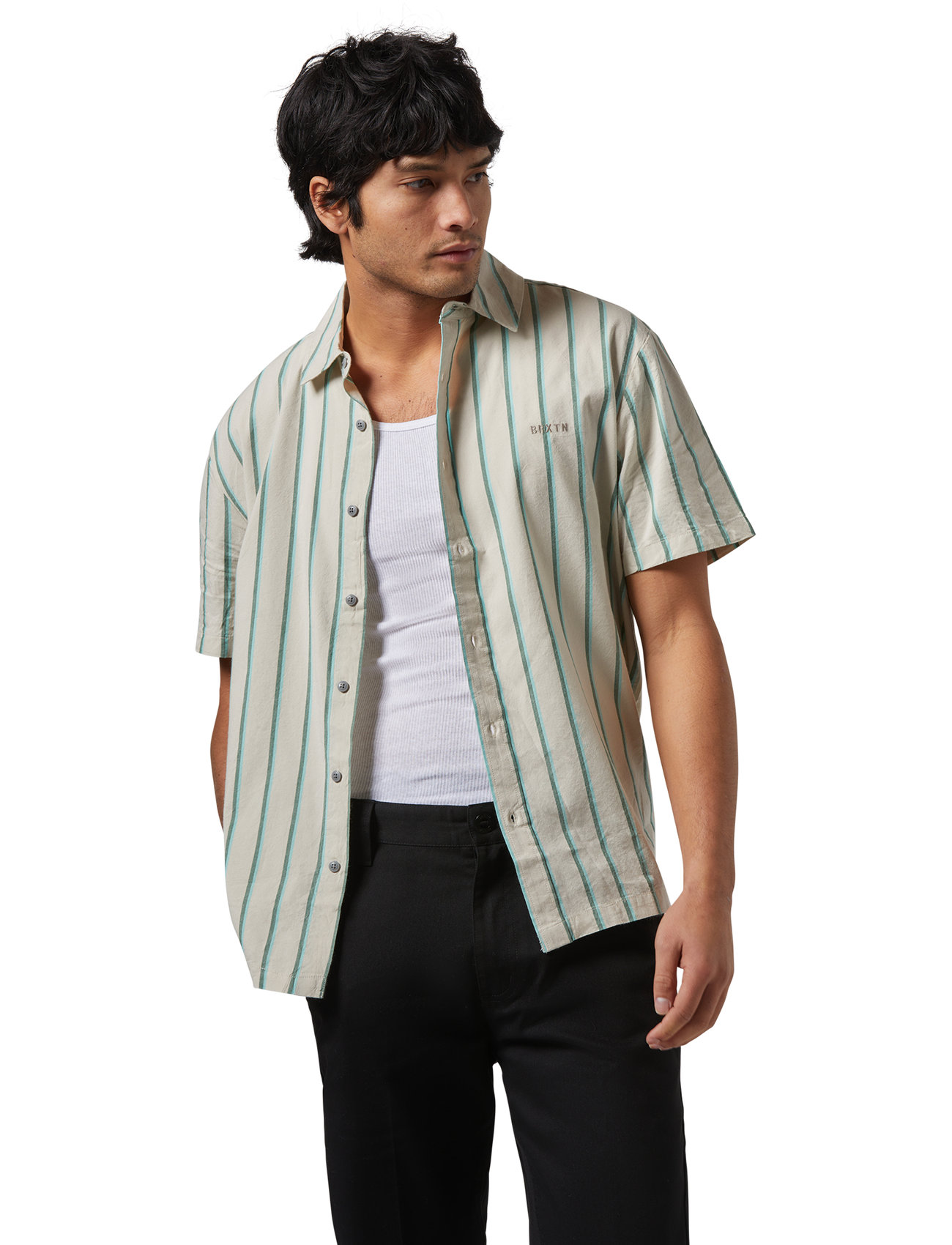 Brixton Cru Stripe S/S Wvn, S, Beige, Skjorter > Kortærmede Shirts, Herre