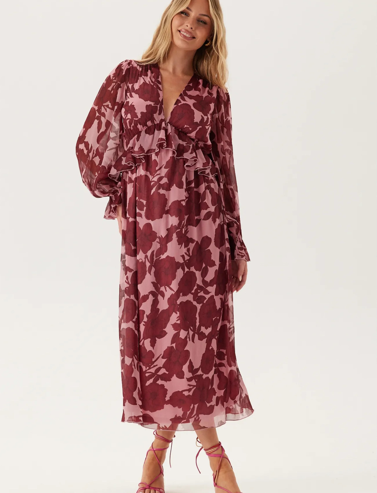 Bubbleroom Frill L/S Chiffon Midi Dress, L, Pink, Kjoler > Maxikjole, Dame