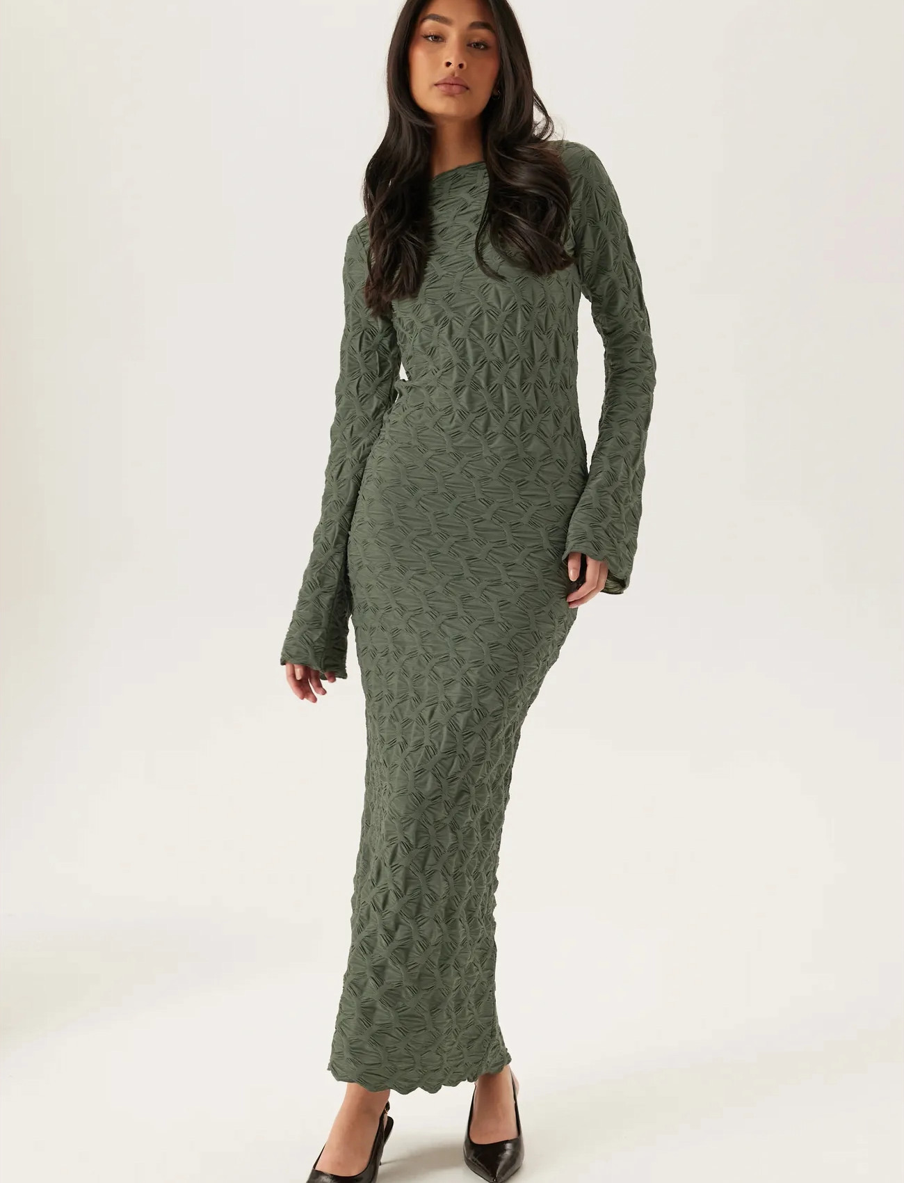 Bubbleroom Structure Long Sleeve Midi Dress, M, Khaki green, Kjoler > Maxikjole, Dame