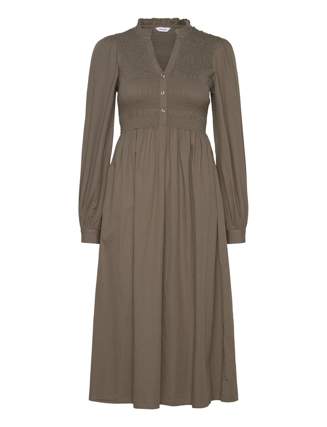 V-Neck Cotton Smock Dress Knelang Kjole Brown Bubbleroom