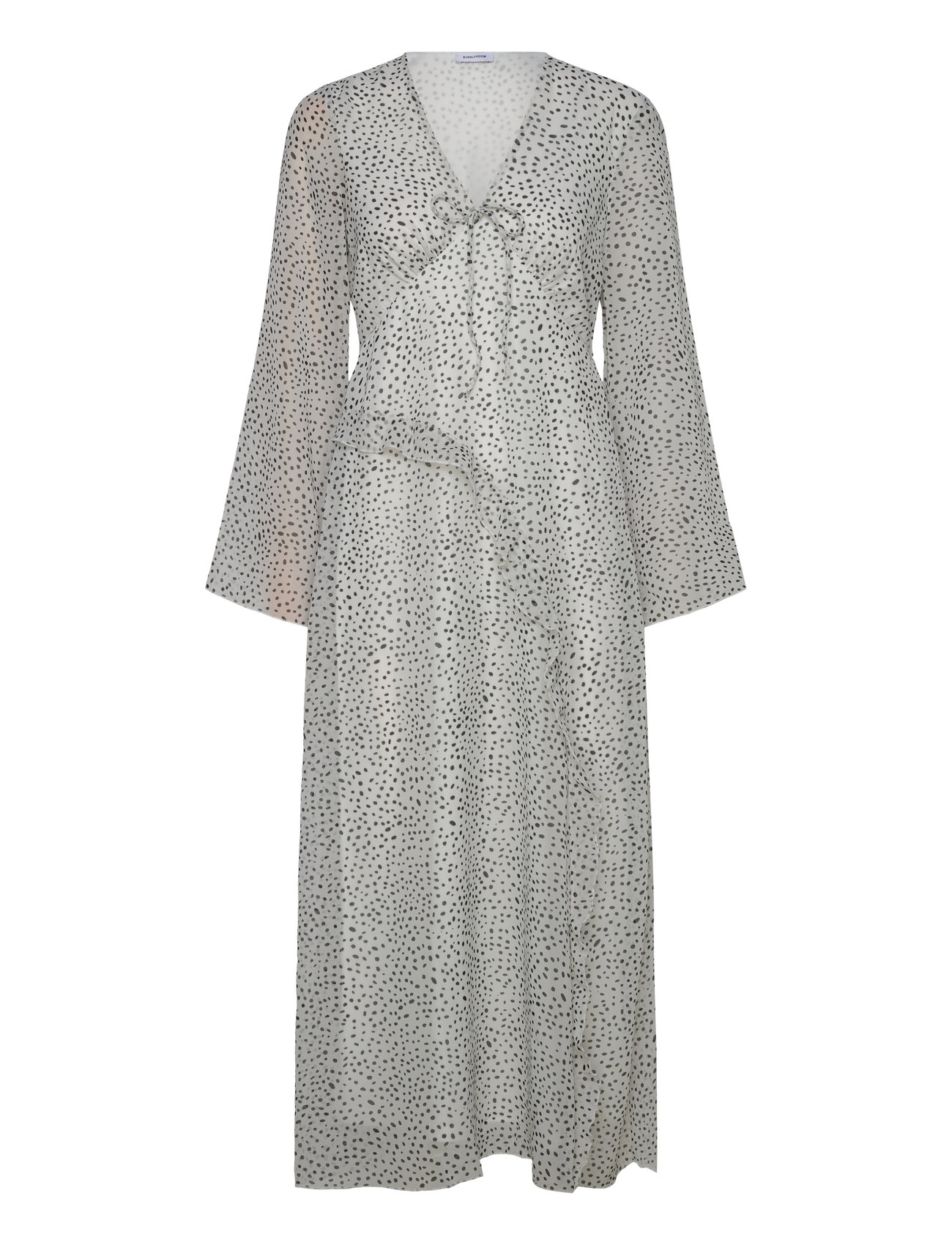 V-Neck Frill Dress Knelang Kjole Grey Bubbleroom