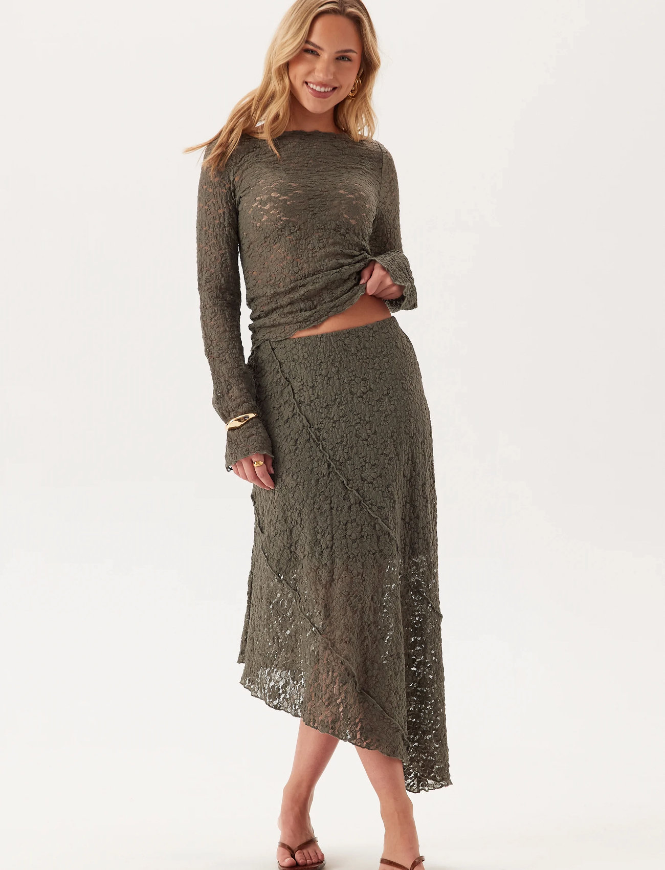 Bubbleroom Asymmetric Lace Skirt, S, Khaki green, Nederdele > Knælange Og Midi Nederdele, Dame