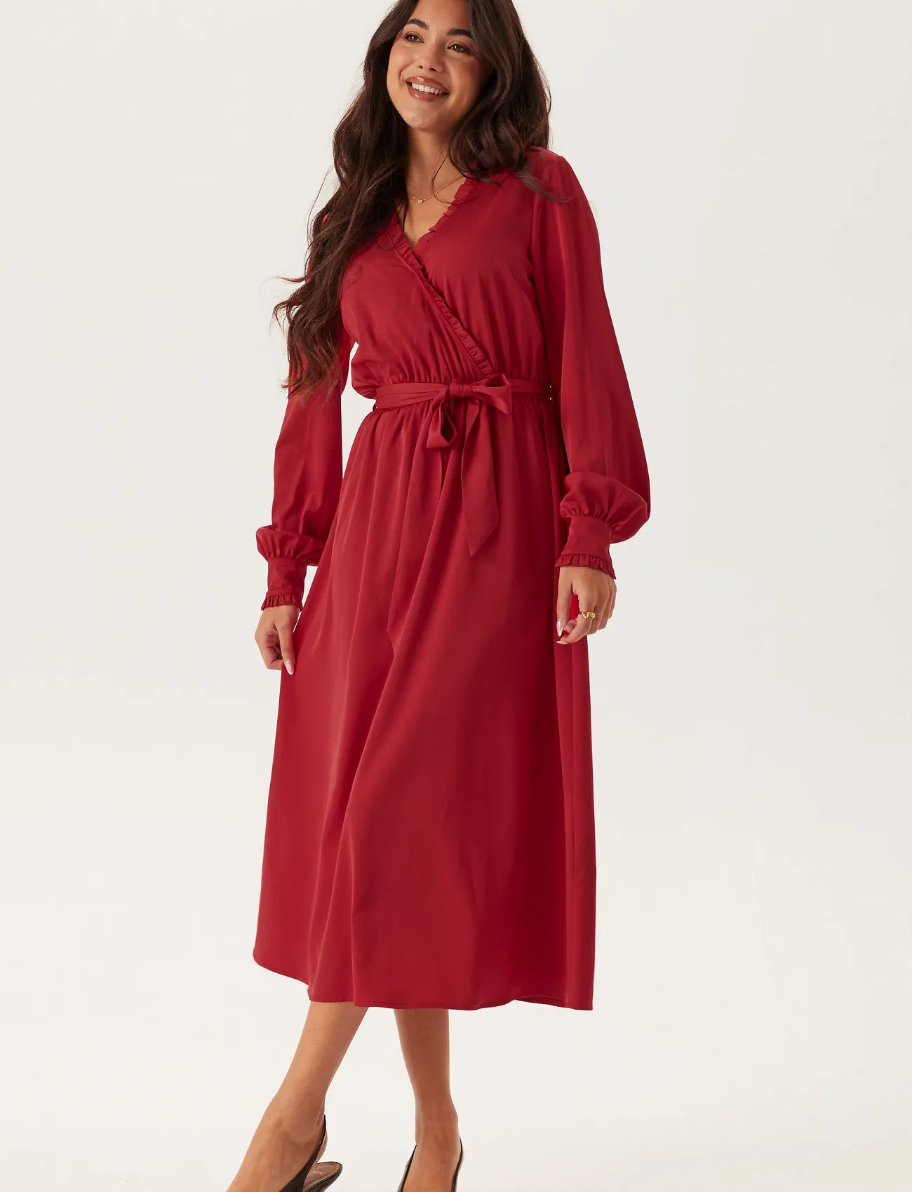 Bubbleroom Frill Wrap Dress, 36-38, Red, Kjoler > Knælange Og Midi, Dame