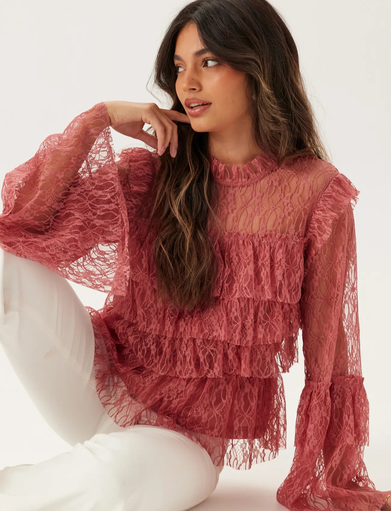 Bubbleroom Frill Lace Blouse, 36, Pink, Bluser > Langærmede, Dame