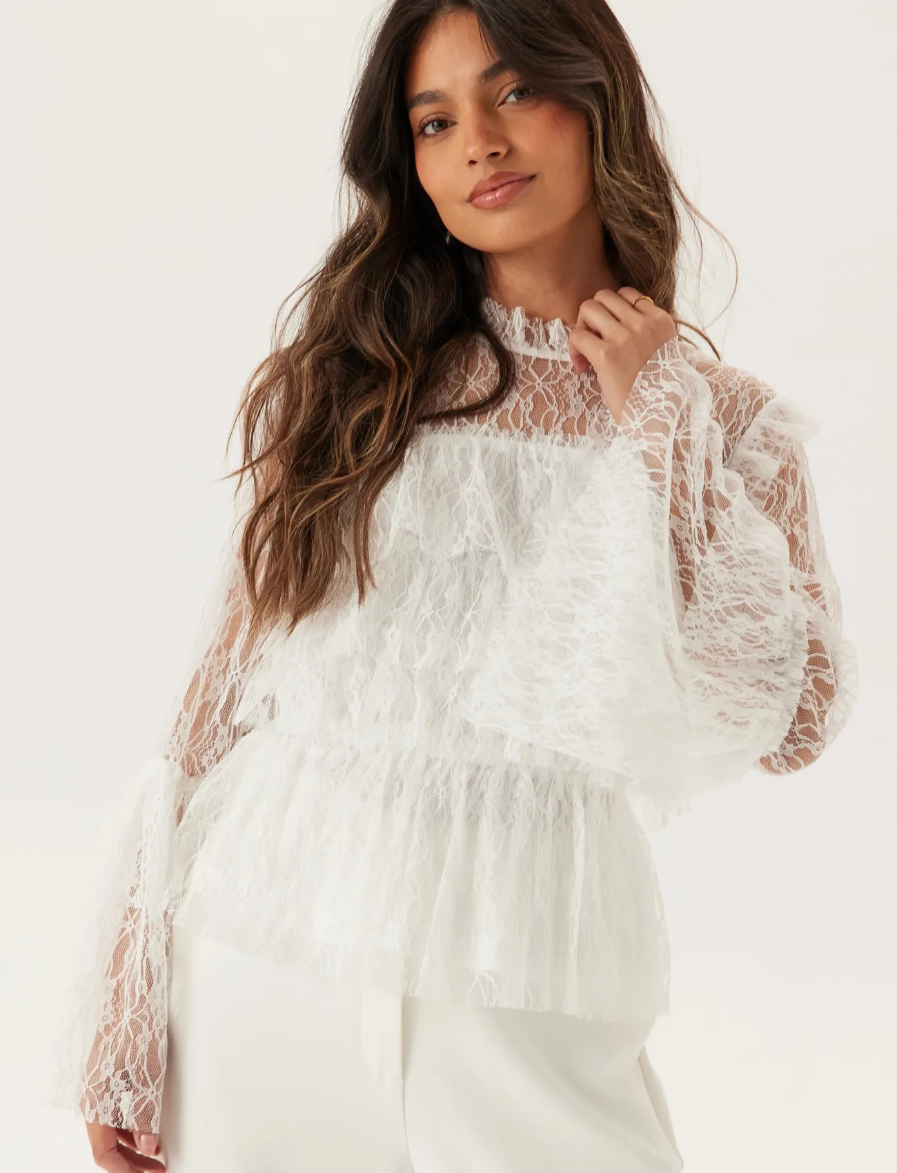 Bubbleroom Frill Lace Blouse, 40, White, Bluser > Langærmede, Dame