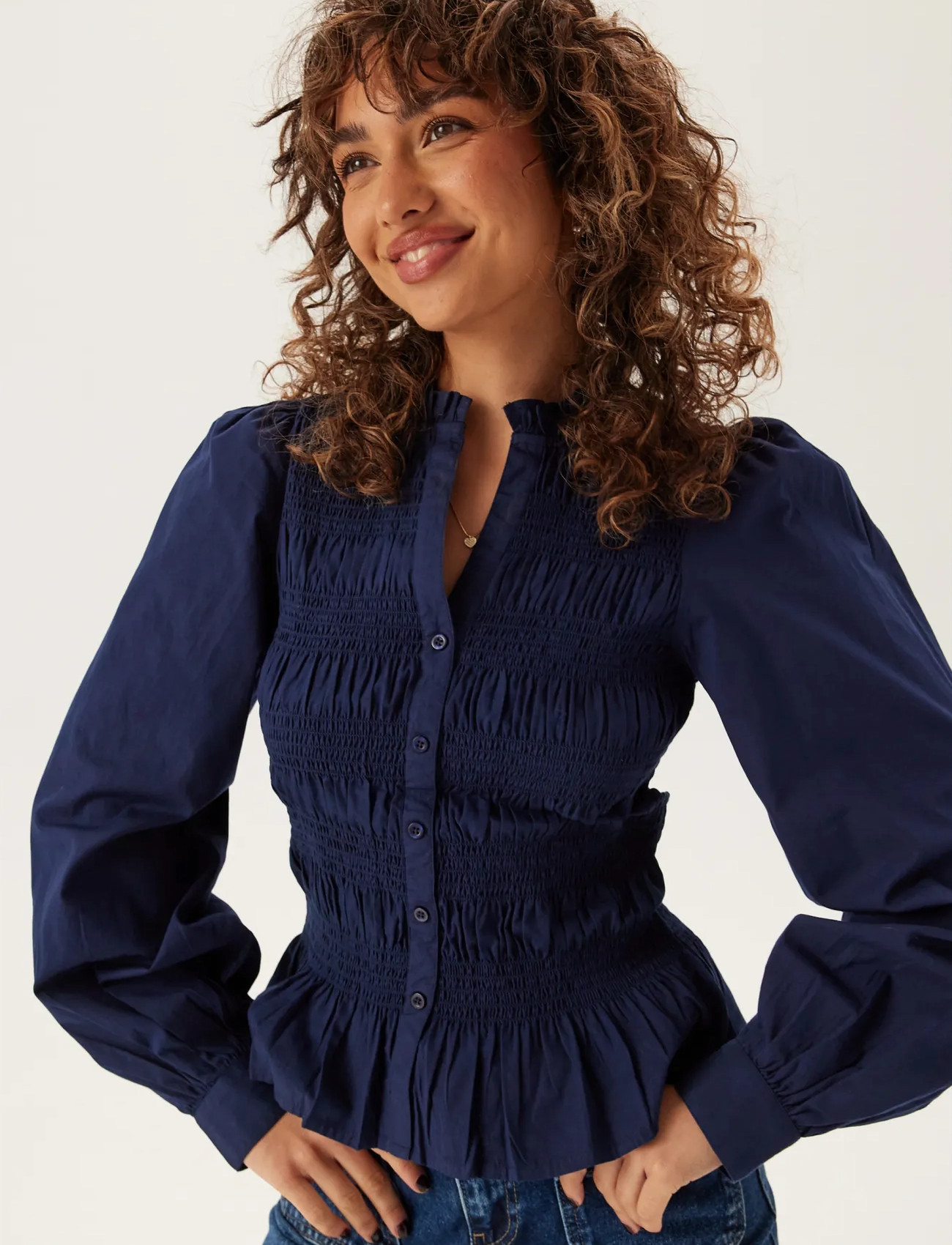 Bubbleroom V-Neck Cotton Smock Blouse, L, Navy, Bluser > Langærmede, Dame