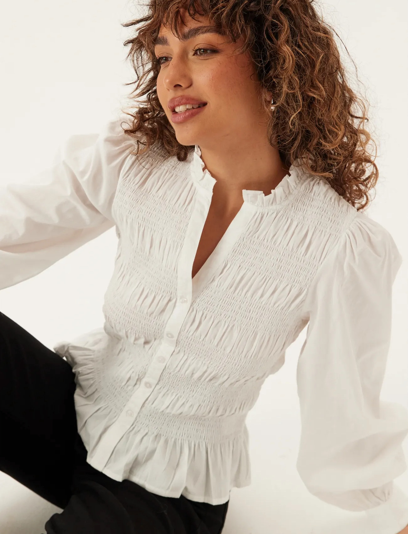 Bubbleroom V-Neck Cotton Smock Blouse, M, White, Bluser > Langærmede, Dame