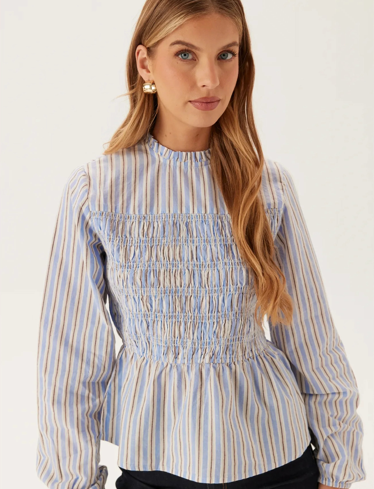 Bubbleroom Smock Cotton Blouse, XS, Blue, Bluser > Langærmede, Dame