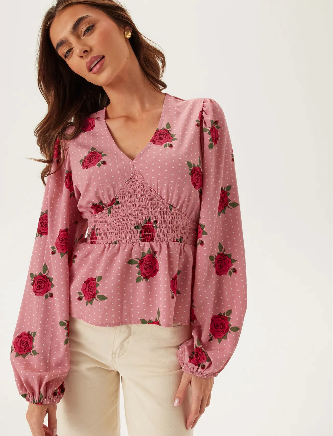 Bubbleroom V-Neck Smock Blouse, 38, Pink, Bluser > Langærmede, Dame