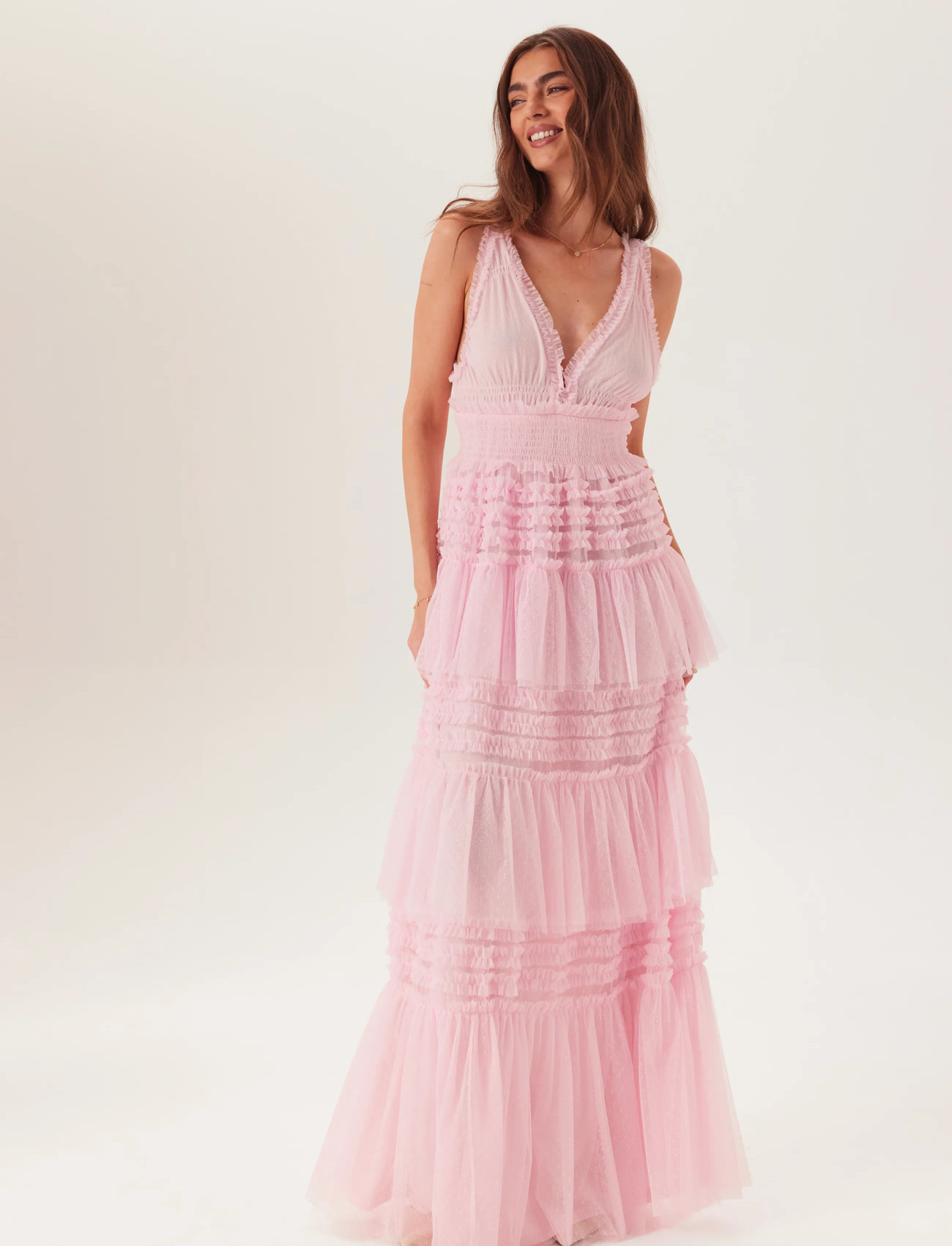 Bubbleroom Frill Dotted Tulle Gown, 38, Pink, Kjoler > Maxikjole, Dame