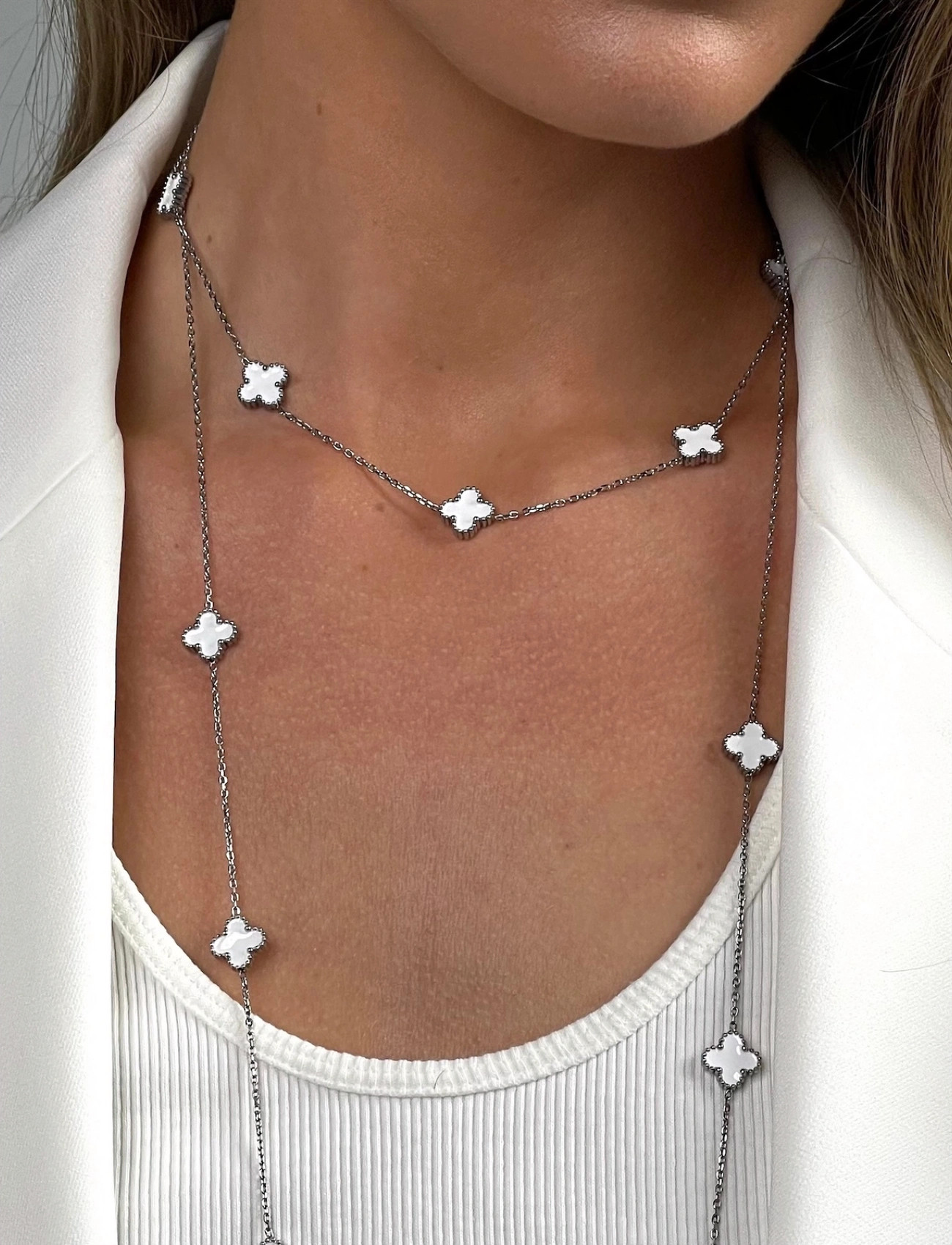 Bud to rose Clover Multi Necklace White/Silver, One Size, Silver, Halskæder > Kædehalskæder, Dame