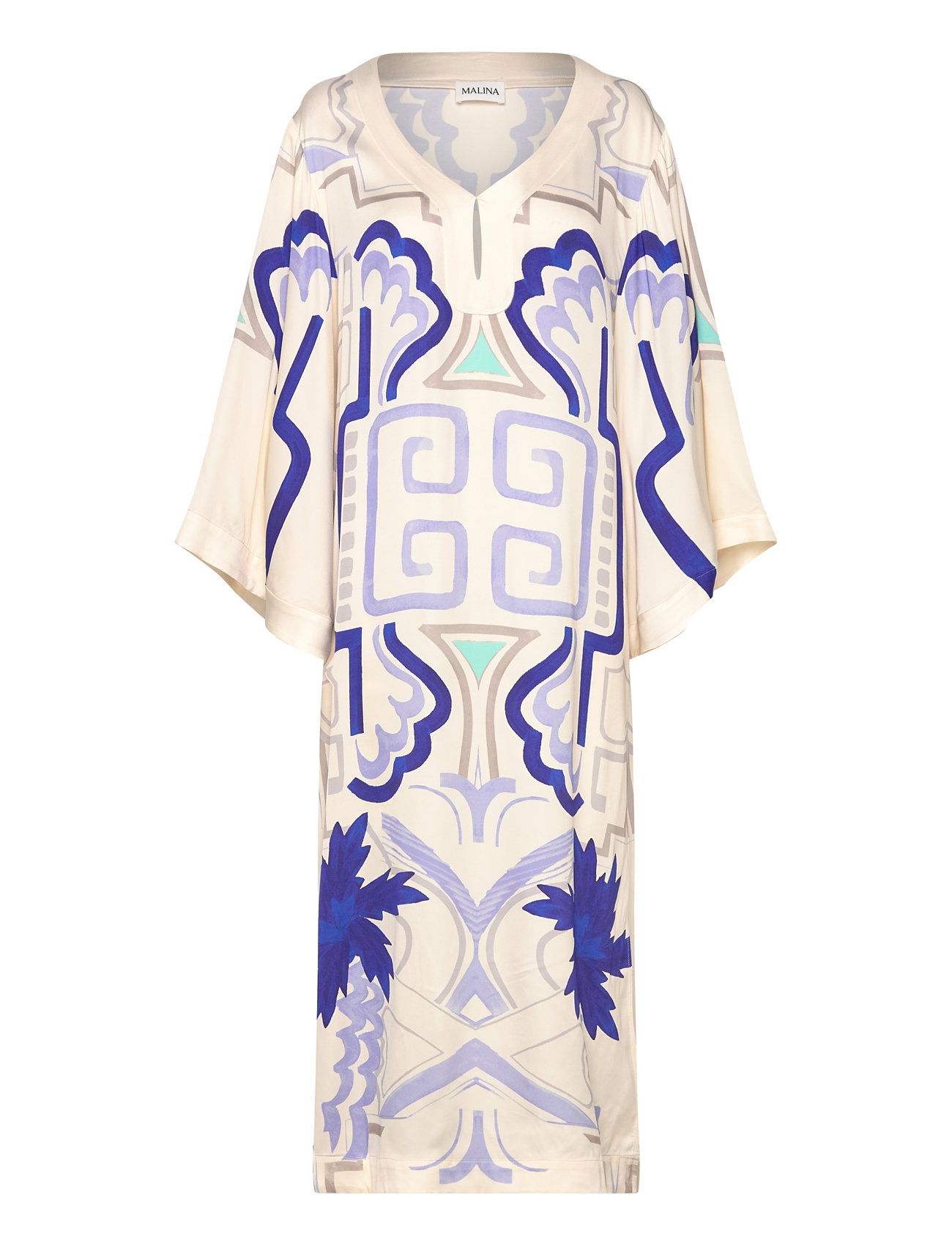 Malina Manon Printed Satin Kaftan Dress Kräm