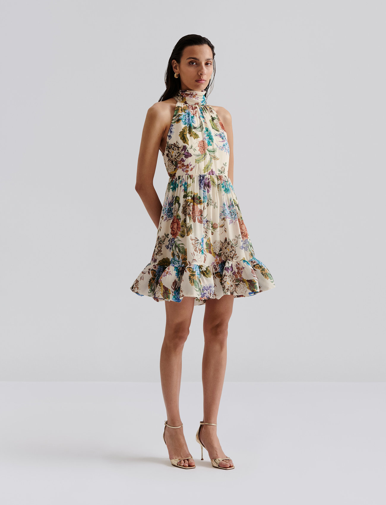 Malina Fern Halterneck Ruffled Mini Dress, XL, Beige, Kjoler > Kort Kjole, Dame