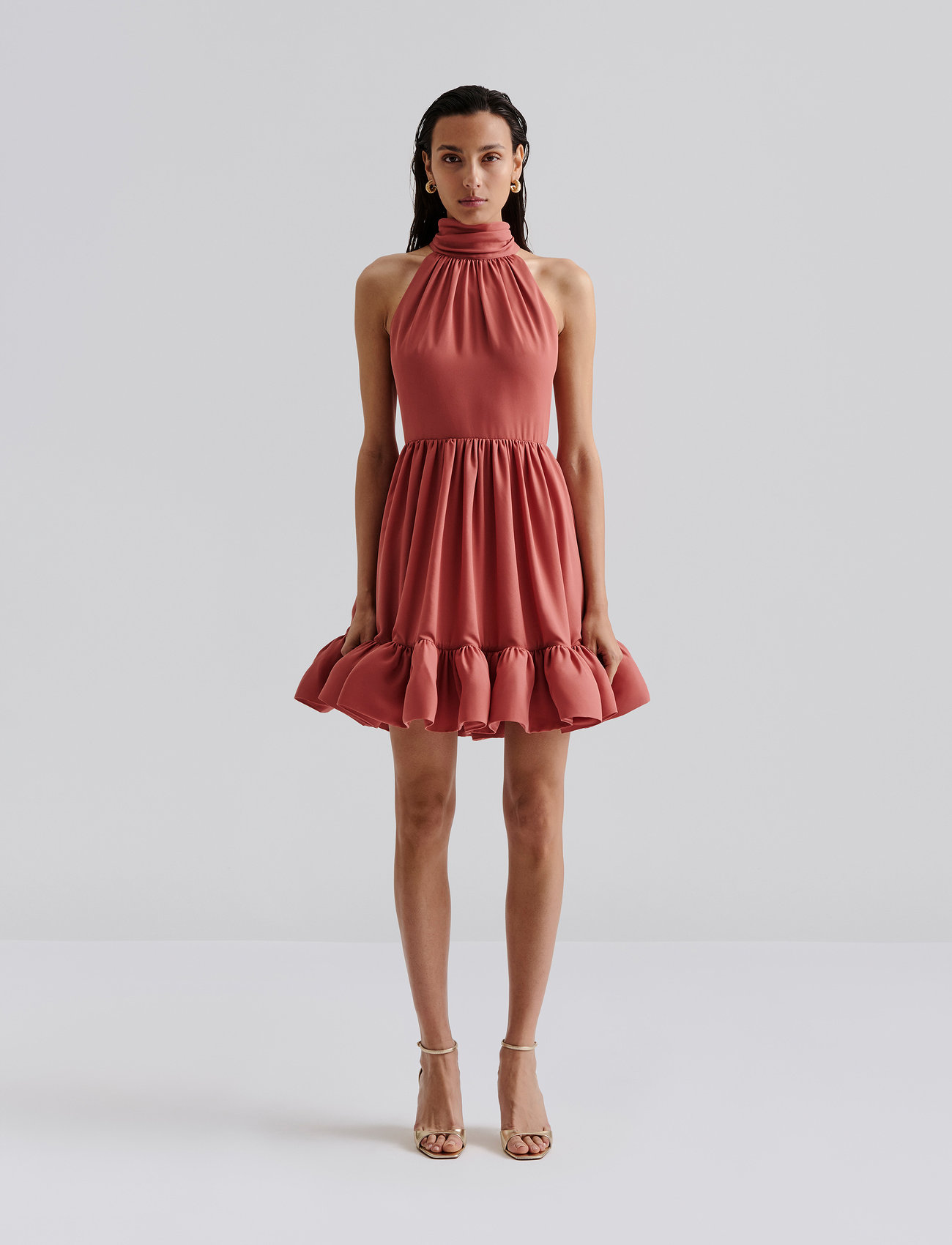 Malina Fern Halterneck Ruffled Mini Dress, XL, Pink, Kjoler > Kort Kjole, Dame
