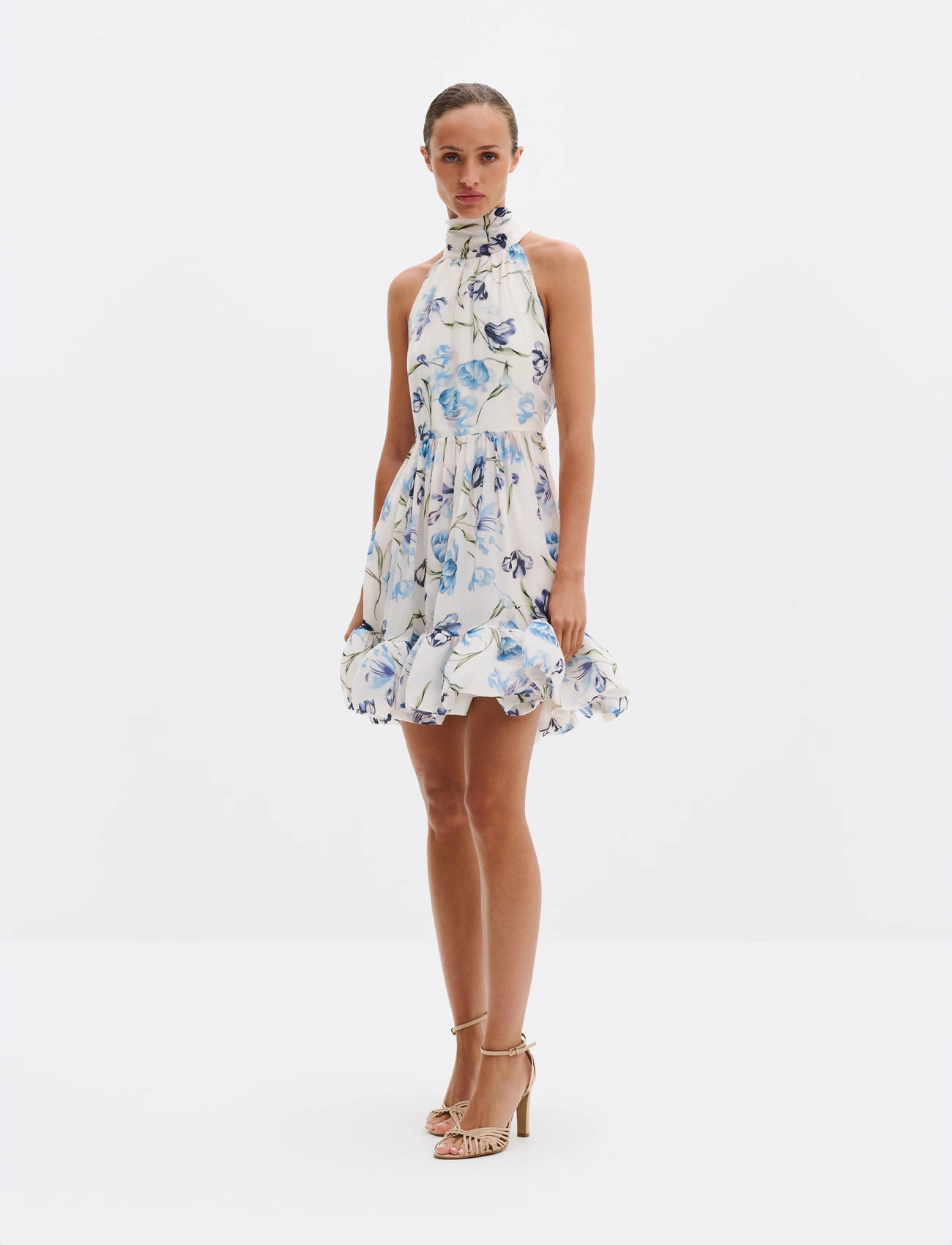 Malina Fern Halterneck Ruffled Mini Dress, L, Cream, Kjoler > Kort Kjole, Dame