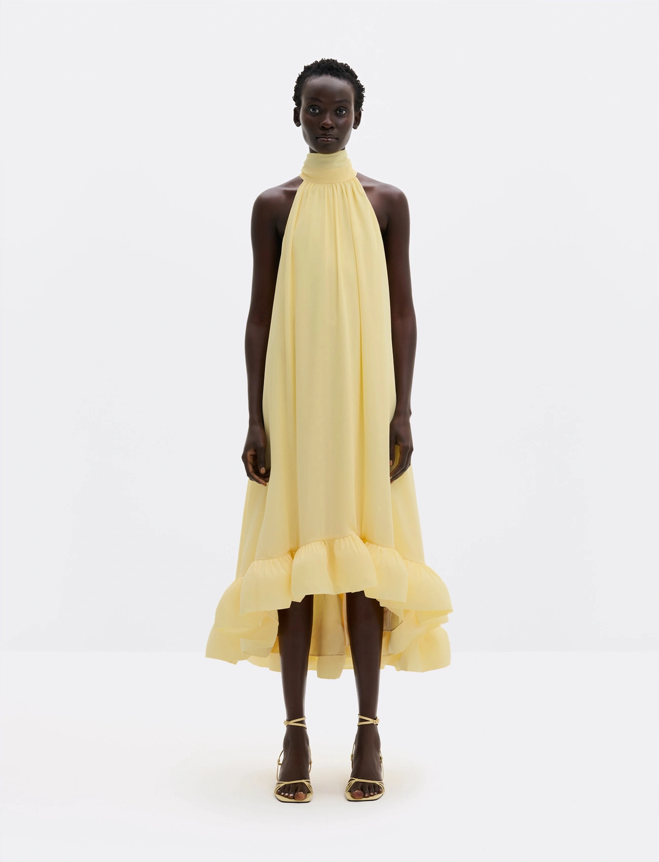 Malina Sabrina Halterneck Ruffled Midi Dress, M, Yellow, Kjoler > Knælange Og Midi, Dame
