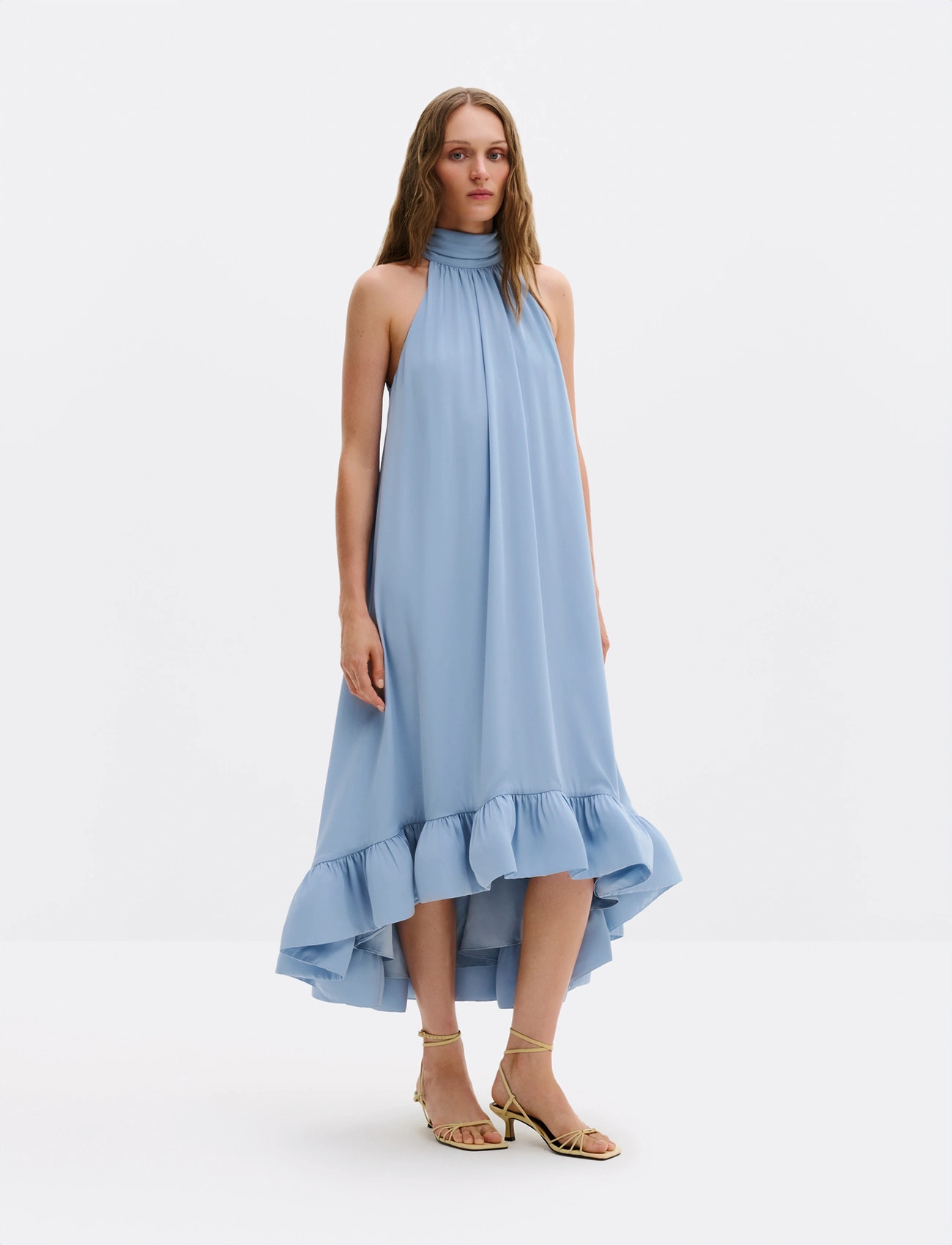 Malina Sabrina Halterneck Ruffled Midi Dress, XL, Blue, Kjoler > Knælange Og Midi, Dame