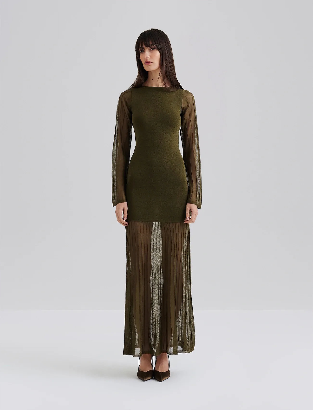 Malina Haisley Sheer Knitted Maxi Dress, L, Khaki green, Designere > Maxi Dress, Dame