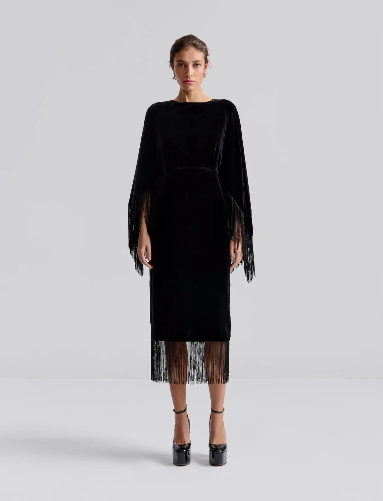 Malina Tara Fringe Velvet Midi Dress, 34, Black, Kjoler > Knælange Og Midi, Dame