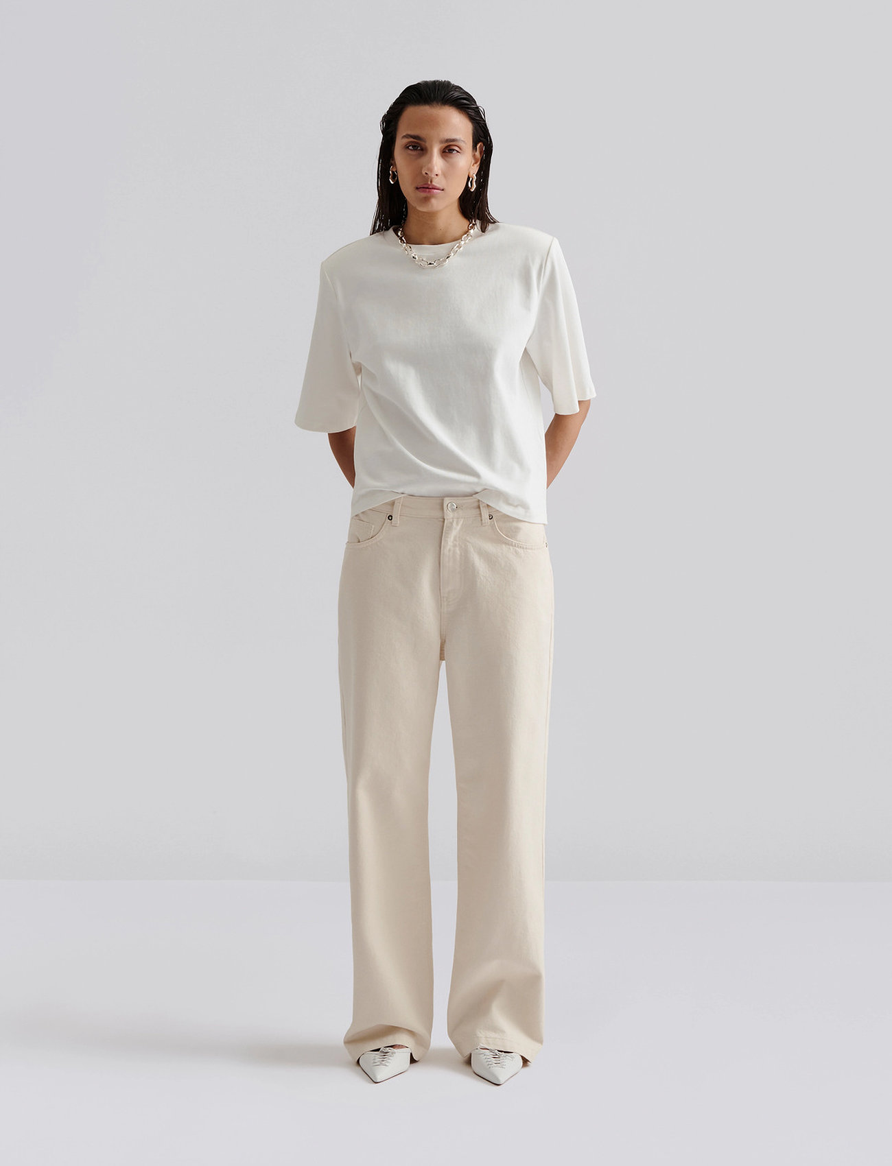 Malina Matilda Slouchy Mid Rise Wide Jeans, 31, Cream, Jeans > Vidde, Dame