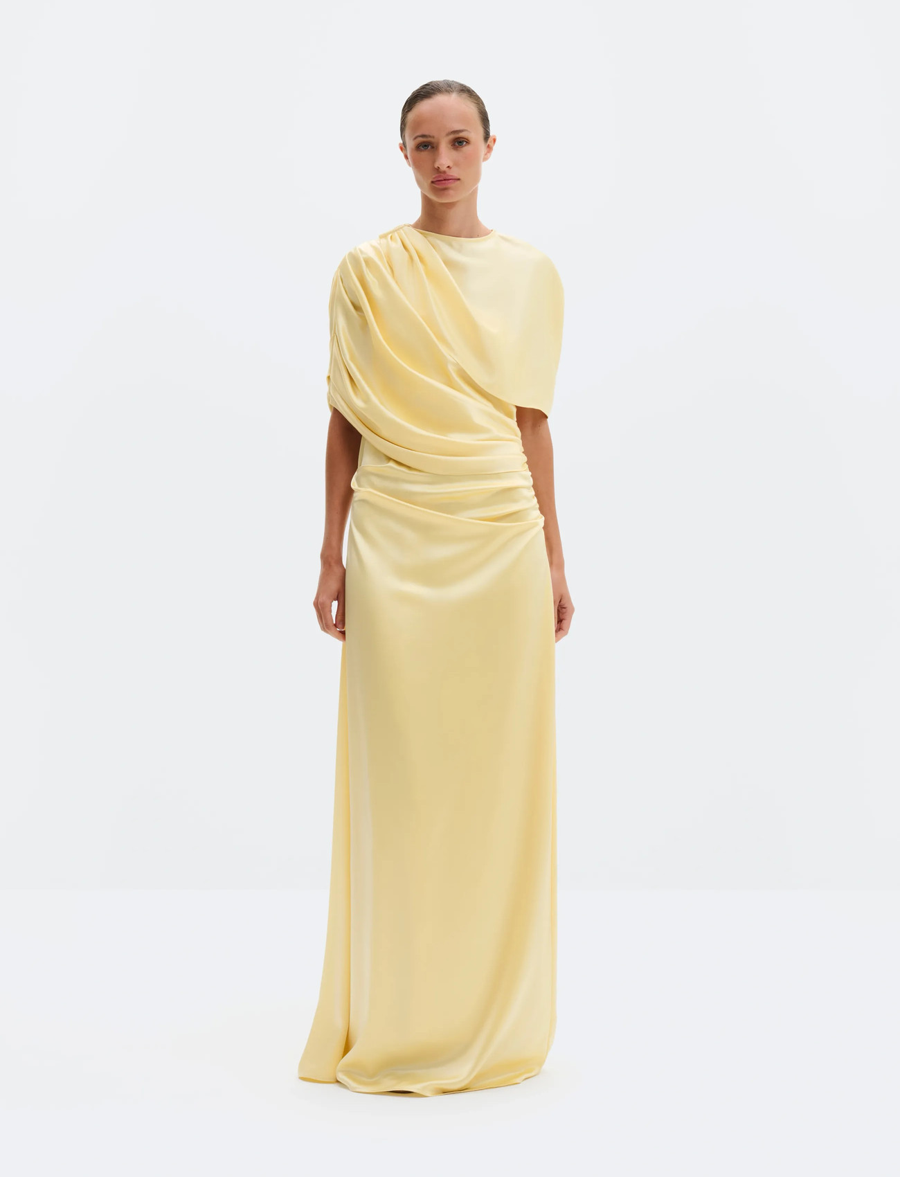 Malina Cassia Draped Fitted Maxi Dress, 38, Yellow, Kjoler > Maxikjole, Dame