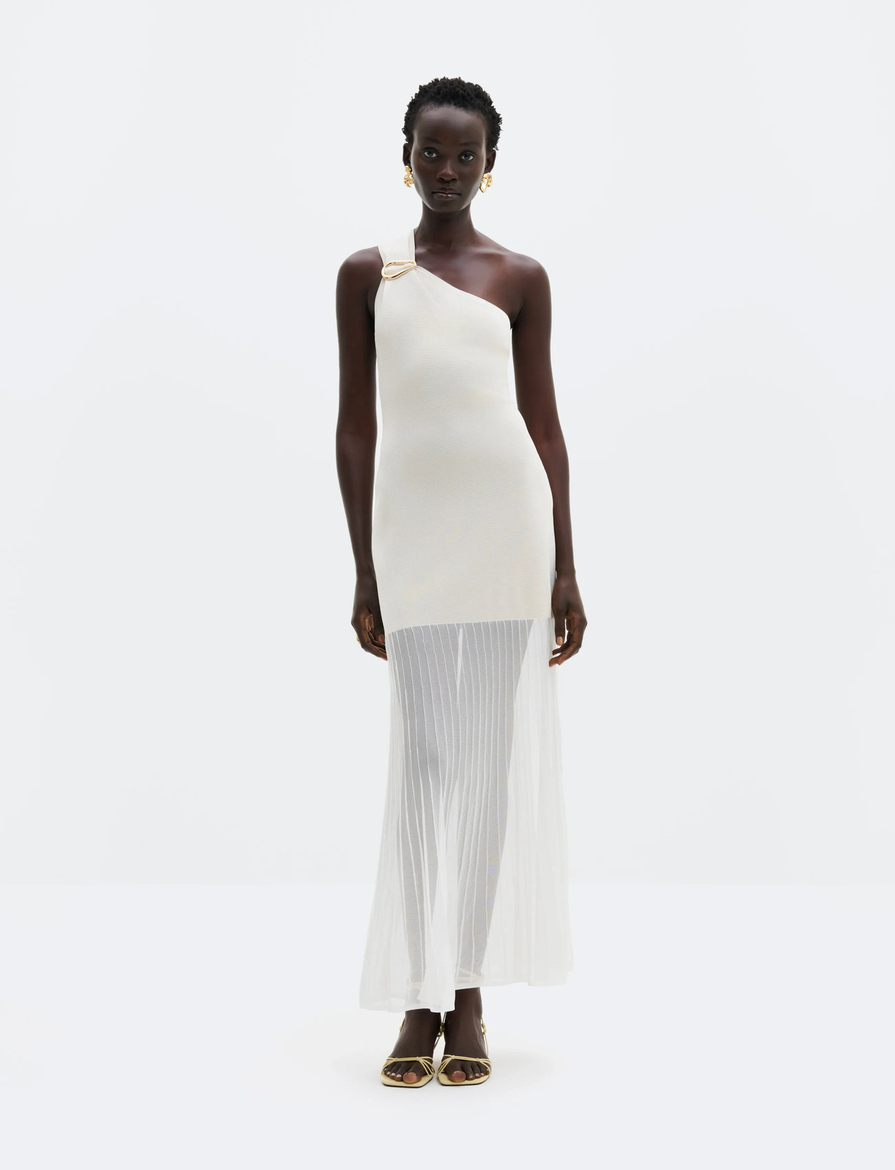 Malina Solenza One Shoulder Sheer Knitted Maxi Dress, XL, Cream, Kjoler > Maxikjole, Dame