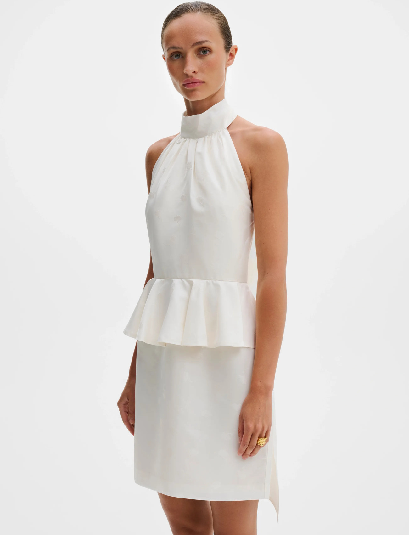 Malina Katy Jacquard Ruffled Halterneck Mini Dress, 34, White, Kjoler > Kort Kjole, Dame