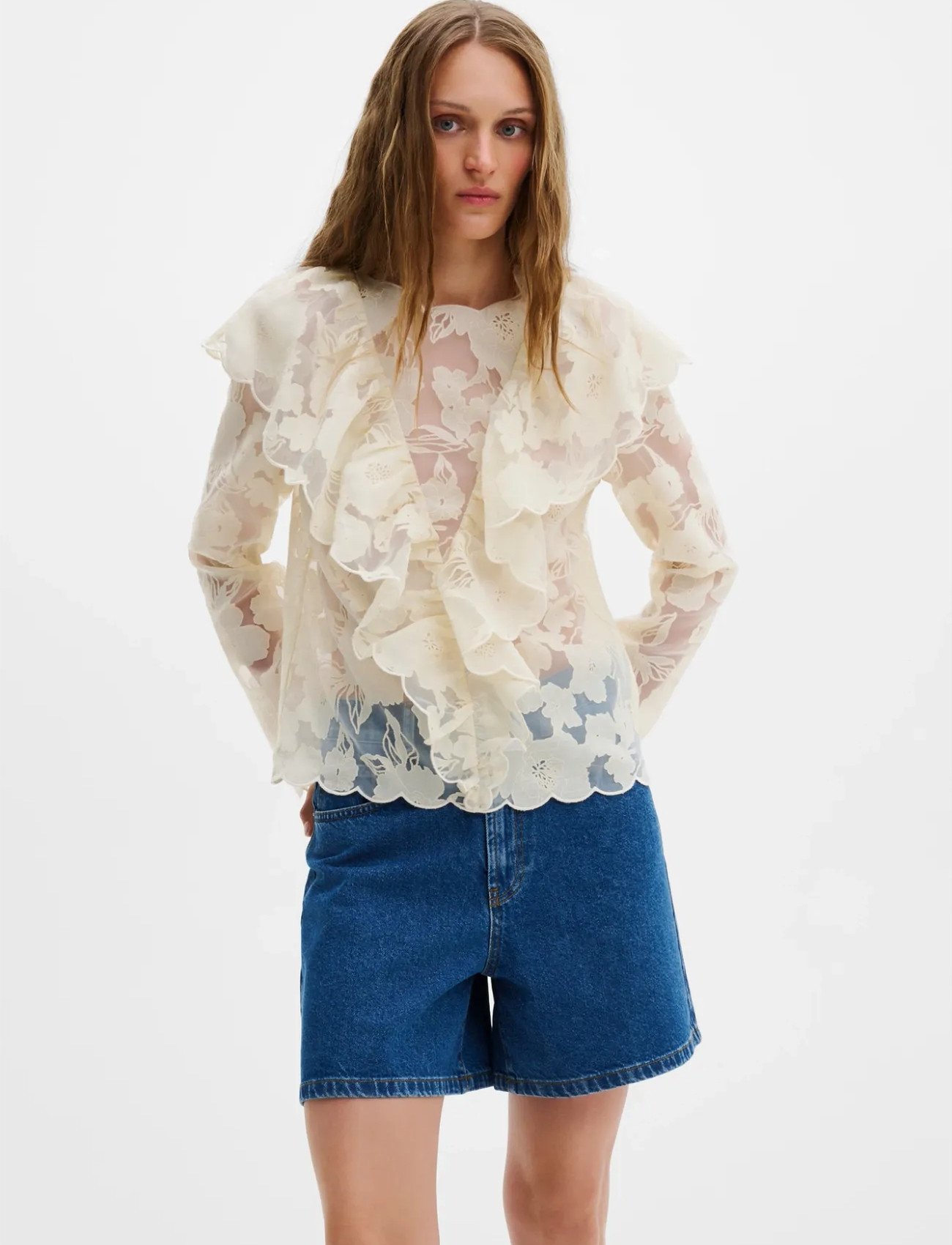Malina Sansa Ruffled Lace Blouse, 36, Cream, Bluser > Langærmede, Dame