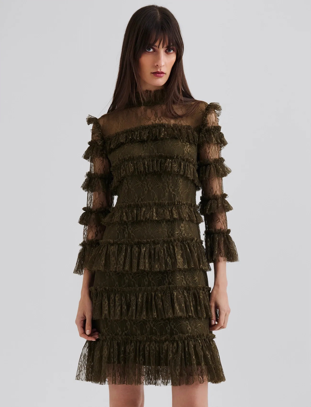 Malina Carmine Frill Lace Mini Dress, L, Khaki green, Designere > Korte Kjoler, Dame