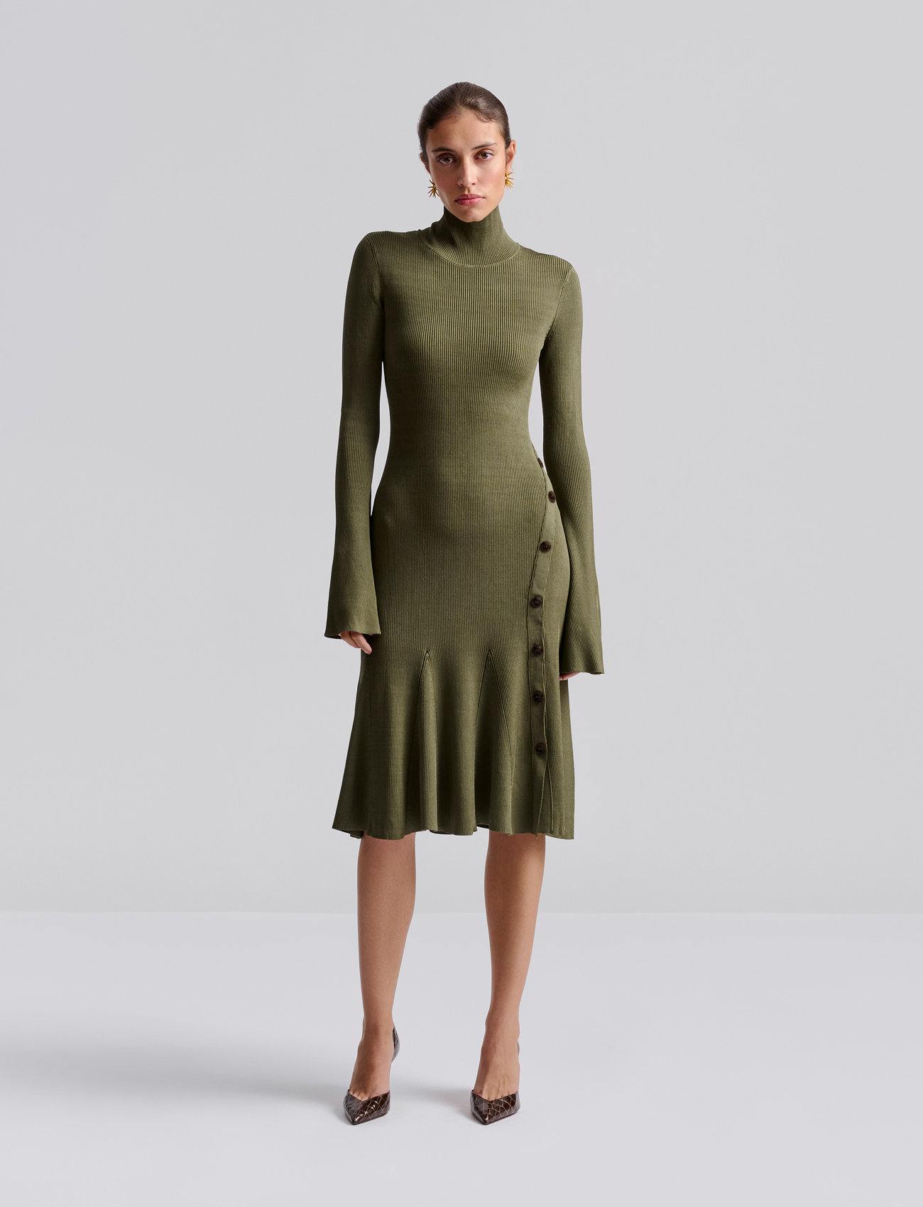 Malina Polly Knitted Midi Dress, XS, Khaki green, Kjoler > Knælange Og Midi, Dame