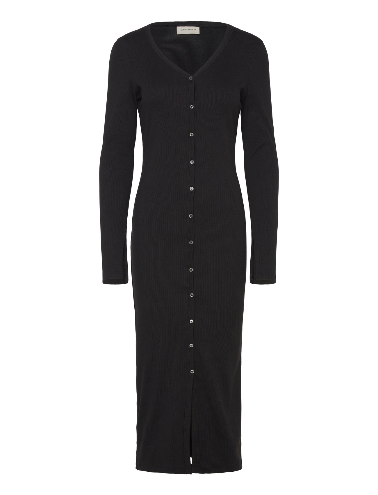 Woven Label Ls Rib Dress Knelang Kjole Black Calvin Klein Jeans