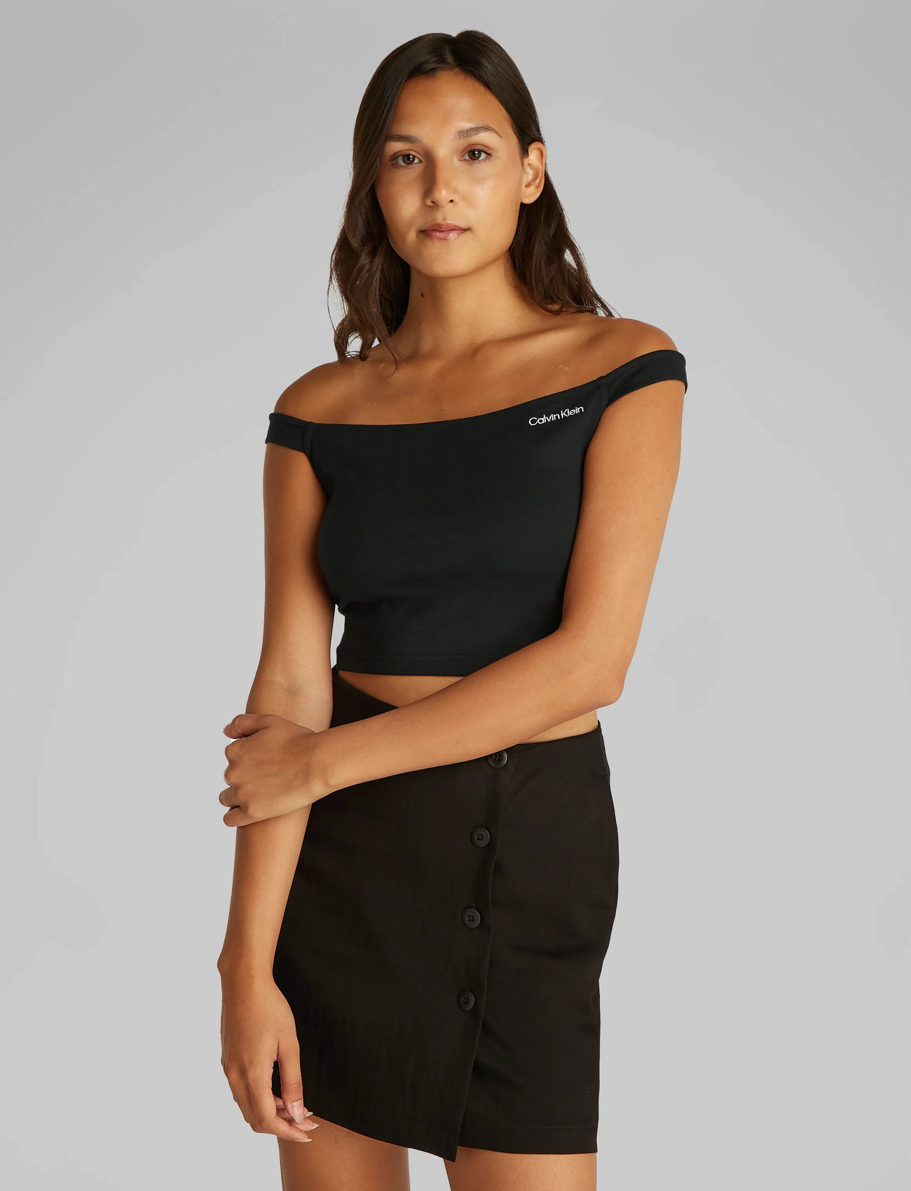 Calvin Klein Jeans Logo Bardot Milano Top, XL, Black, Crop Overdele > Crop Overdele Uden Ærmer, Dame