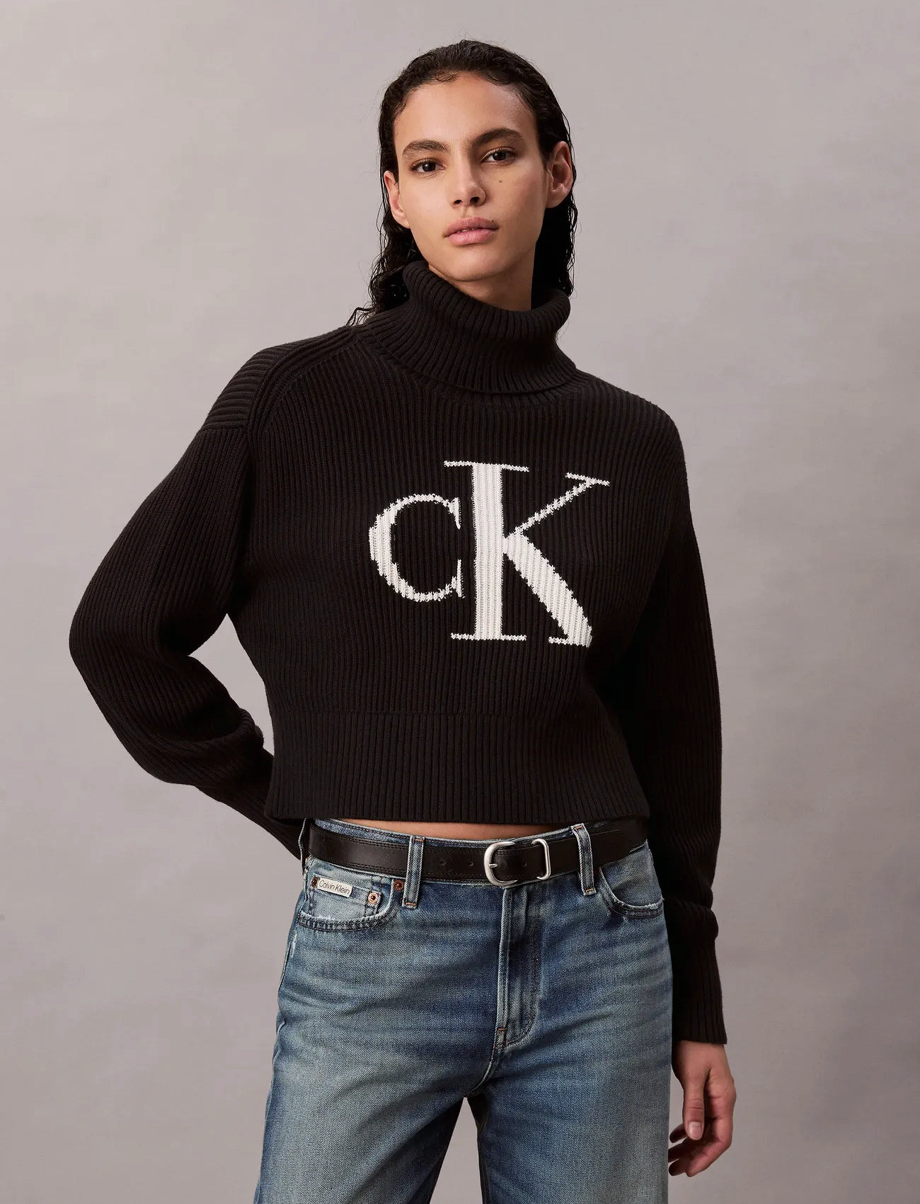 Calvin Klein Jeans Blown Up Ck Loose Sweater Contra, S, Black, Strik > Rullekrave, Dame