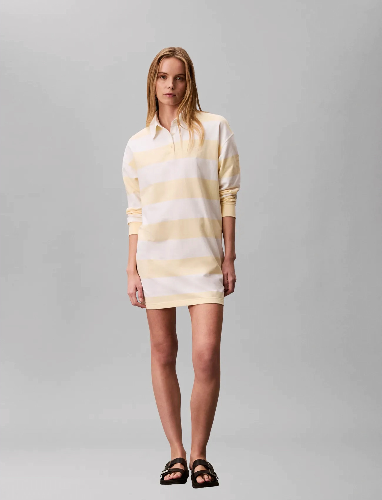 Calvin Klein Jeans Ls Varsity Stripe Mini Polo Dres, S, Yellow, Kjoler > Kort Kjole, Dame