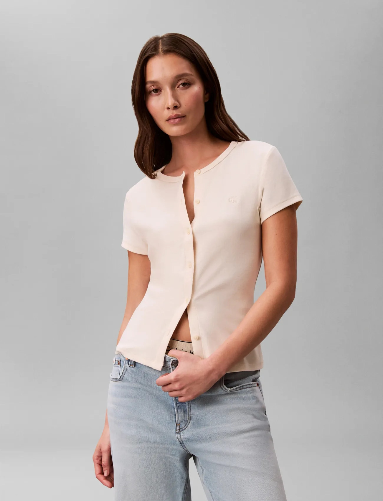 Calvin Klein Jeans Ss 1X1 Refined Rib Button Up Cre, L, Cream, T-Shirts & Toppe > Kortærmede, Dame